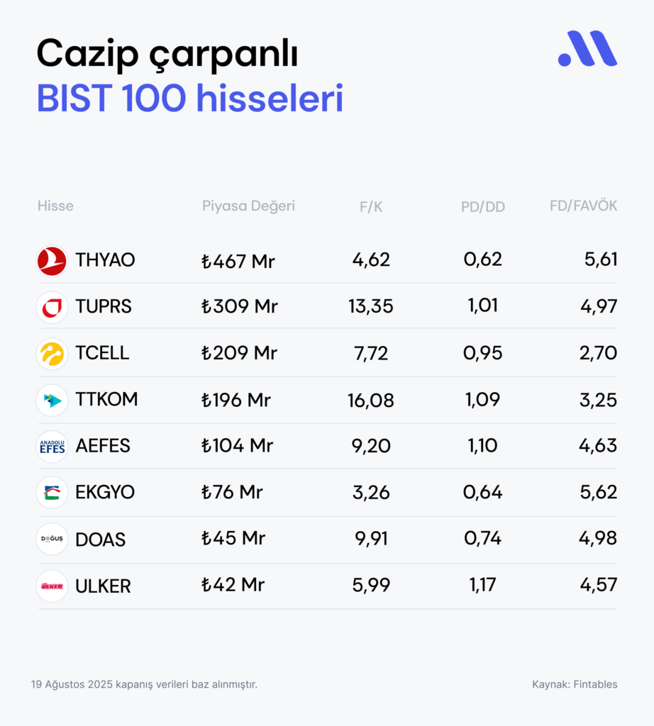 Cazip çarpanlı BIST 100 hisseleri (Ağustos)